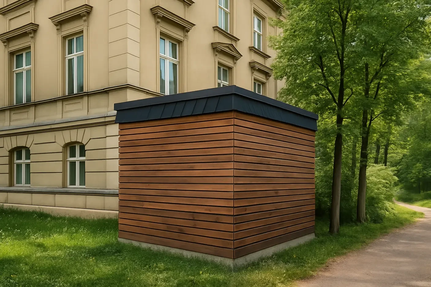 CubeE Heizwürfel vor einem ALtbau