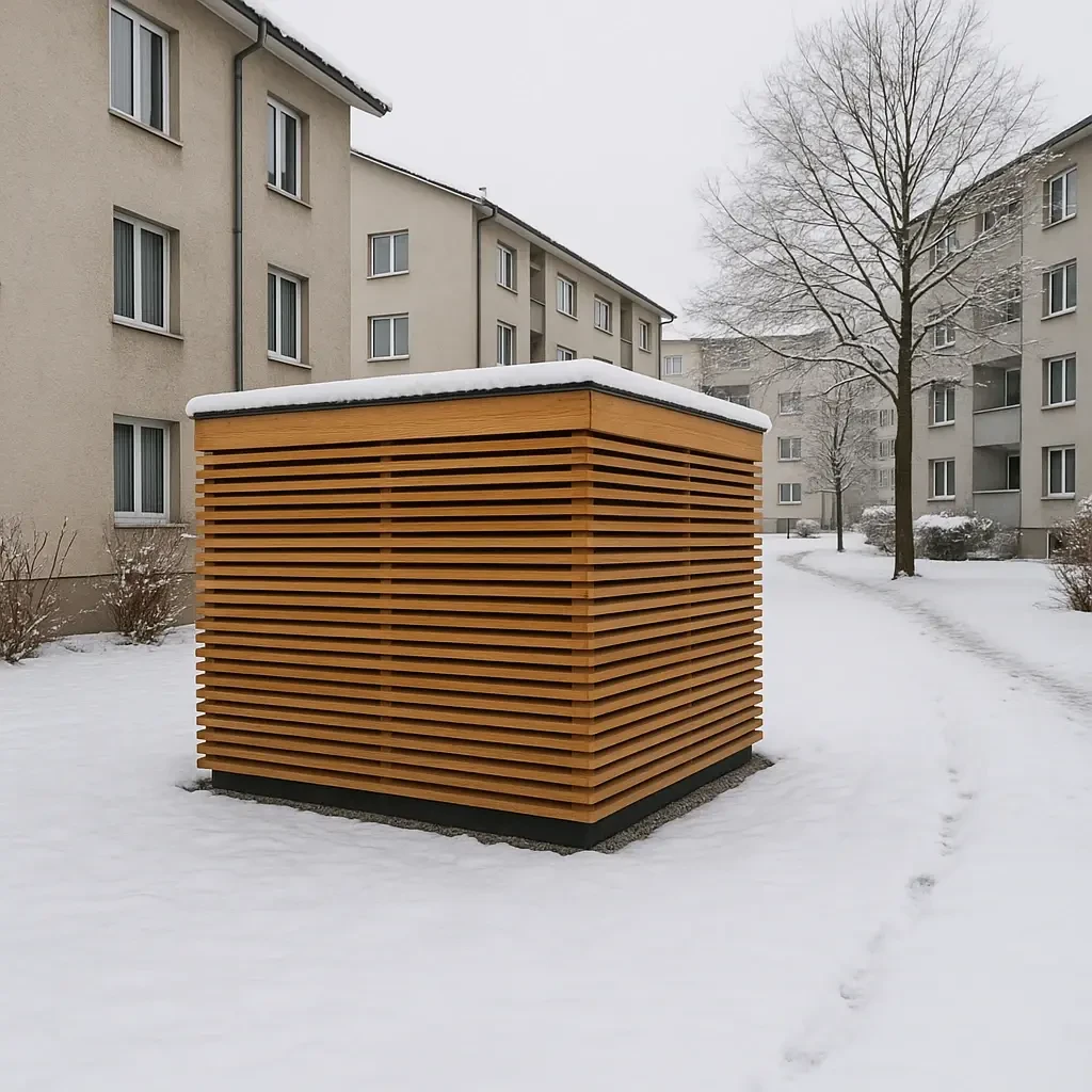 CubeE Heizwürfel in einer Siedlung im Schnee